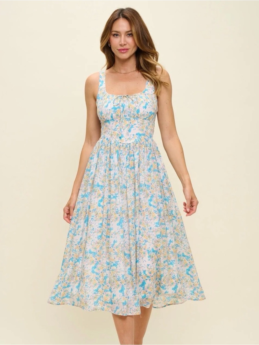 Floral Square-Neck Midi Dress in Blue and Cream by West.k